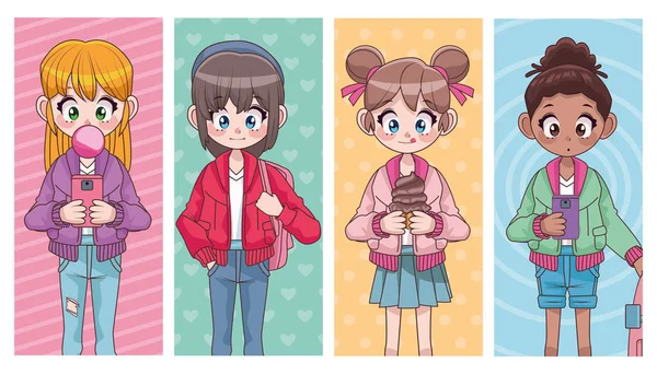 Grup dari empat remaja cantik antar ras gadis karakter anime - Stok Vektor
