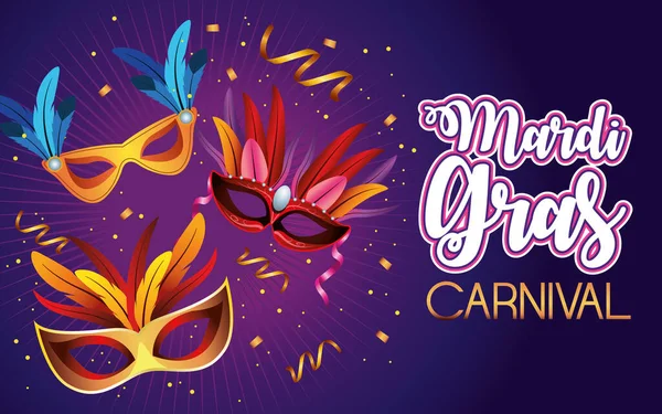 Mardi gras Karnevalsfeier Schriftzug mit Masken und Federn — Stockvektor
