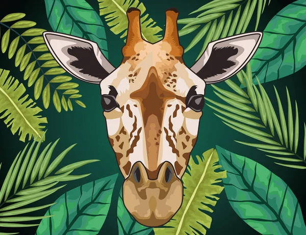 Girafa animal selvagem cabeça personagem em folhas folhagem fundo —  Vetores de Stock