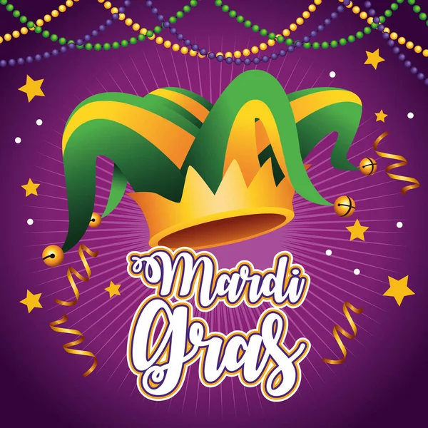 Letras de carnaval de mardi gras con sombrero de bufón y guirnaldas — Vector de stock