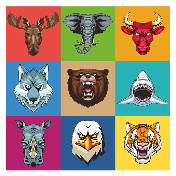 Pacote de nove animais selvagens cabeças personagens — Vetor de Stock