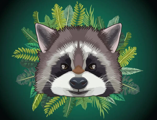 raccoon animal wild head character with leafs palms