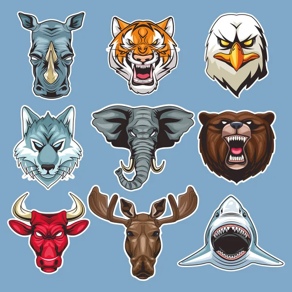 Pacote de nove animais selvagens cabeças personagens em fundo azul — Vetor de Stock