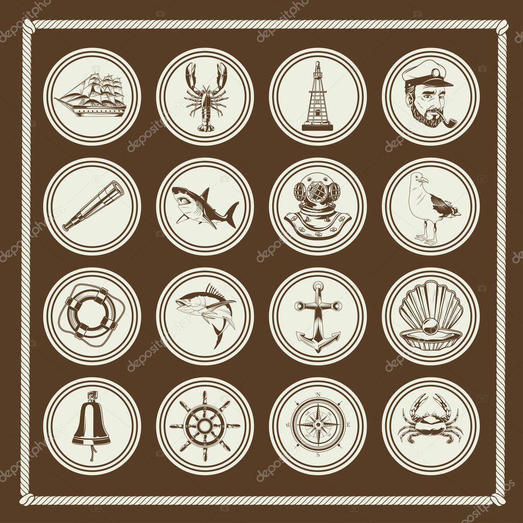 bundle of sixteen nautical elements set icons in vintage background