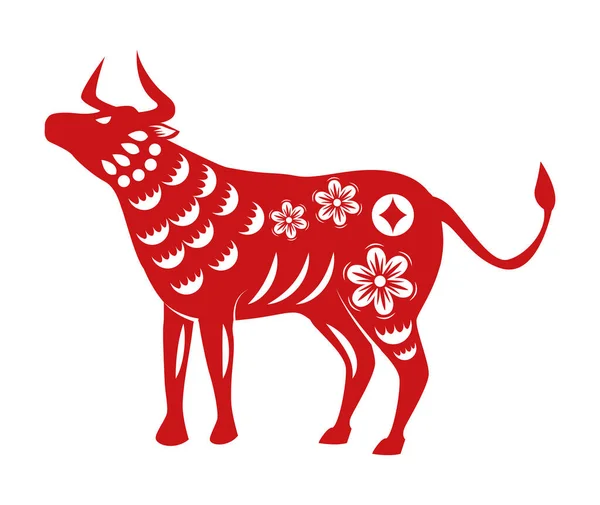 Kinesisk nyår 2021 röd silhuett oxe med blommor mönster — Stock vektor