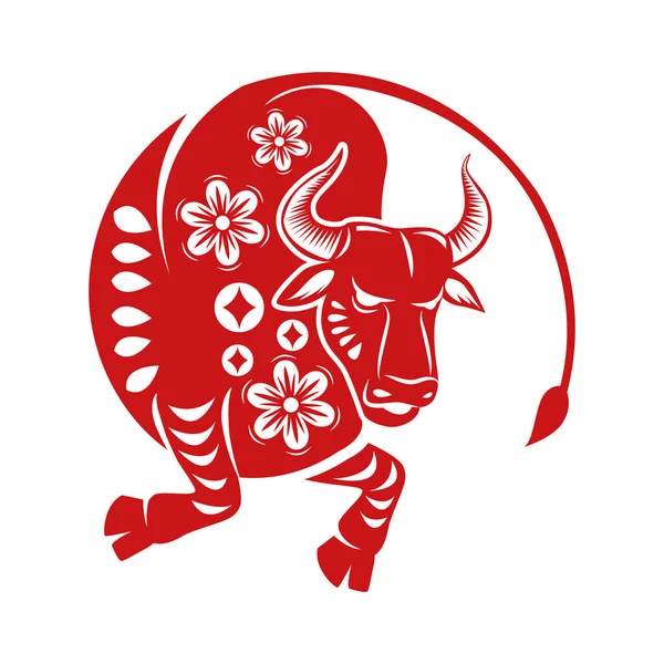 Китайский новый год 2021 красный бык с цветочным узором — стоковый вектор