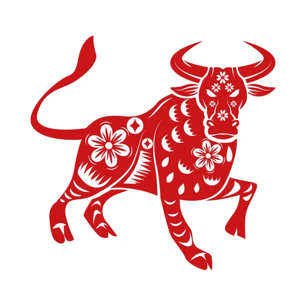 Kinesisk nyår 2021 röd silhuett oxe med blommönster — Stock vektor