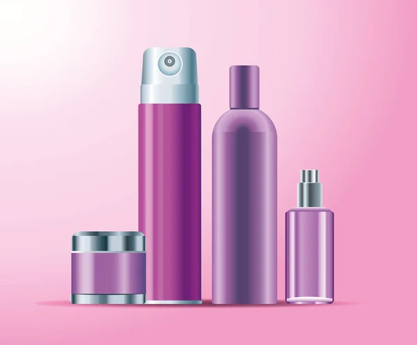 Set van vier huidverzorgingsflesjes paarse kleur producten iconen — Stockvector