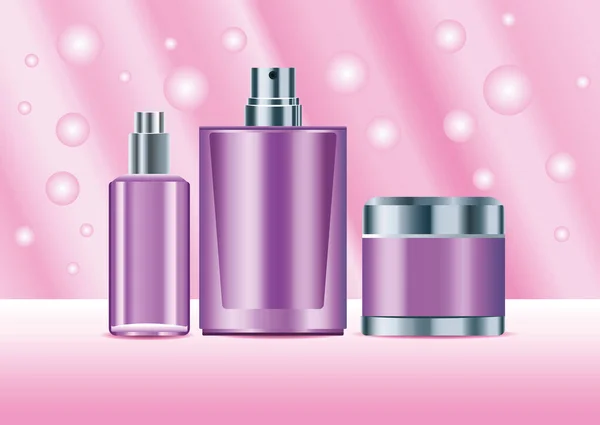Trzy produkty do pielęgnacji skóry butelki kolor fioletowy zestaw ikon — Wektor stockowy