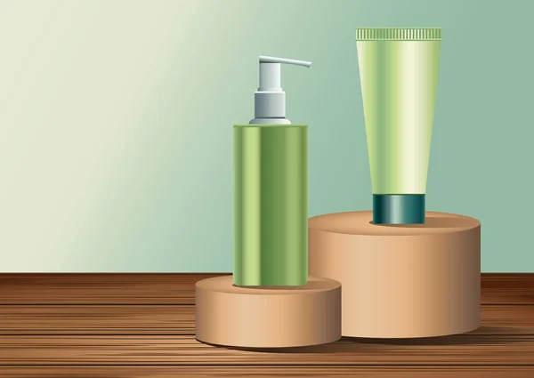 Dois produtos verdes da garrafa e do tubo do cuidado da pele em estágios dourados — Vetor de Stock