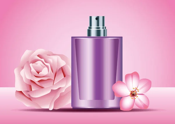 Paarse huidverzorgingsspray product met roze bloemen — Stockvector