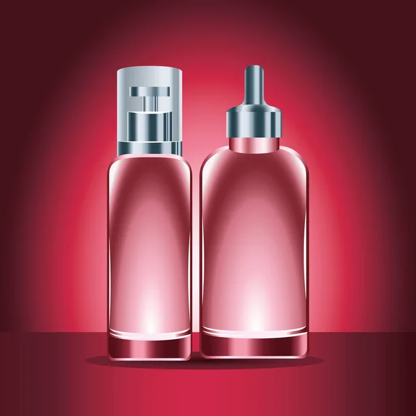 Due bottiglie rosse per la cura della pelle prodotti icone — Vettoriale Stock