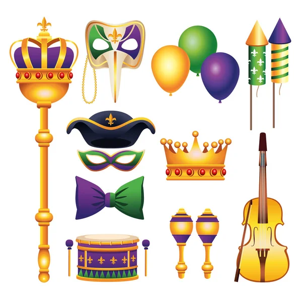 Zbiór jedenastu ikon karnawałowych Mardi Gras — Wektor stockowy