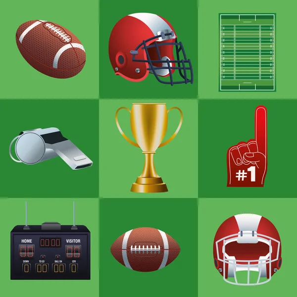 Csomag kilenc Super Bowl készlet ikonok zöld háttér — Stock Vector