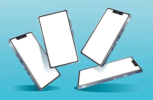 Quatre smartphones modèles d'appareils de marque en fond bleu — Image vectorielle