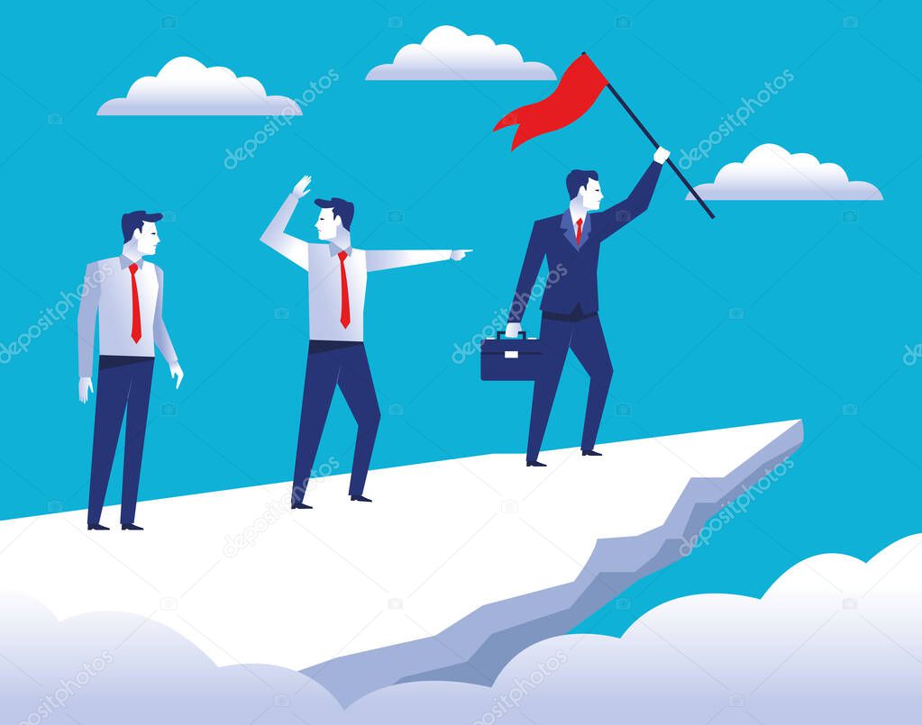 three elegant businessmen workers in the top mountain with success flag
