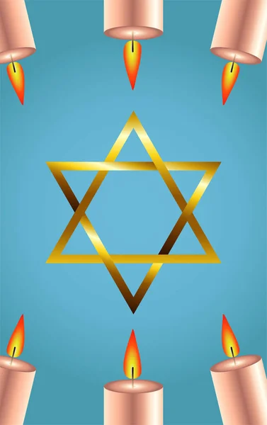 Felice festa hanukkah con stella d'oro e candele — Vettoriale Stock