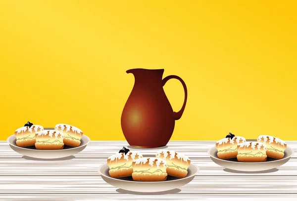 Happy hanukkah feest met zoete donuts en pot — Stockvector