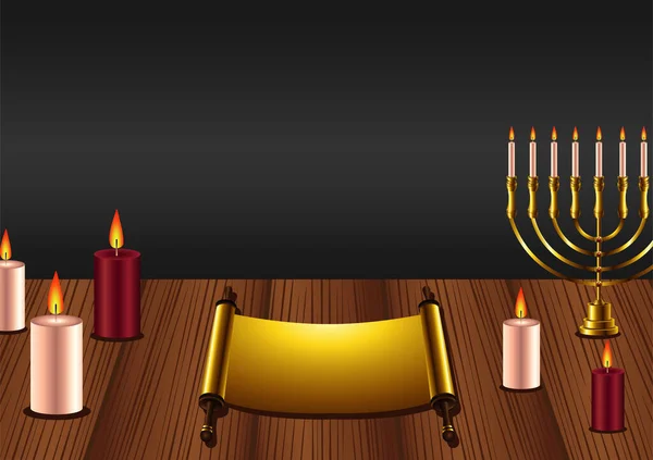 나무 식탁에 놓인 샹들리에와 촛불로 행복 한 하누카 축제 — 스톡 벡터