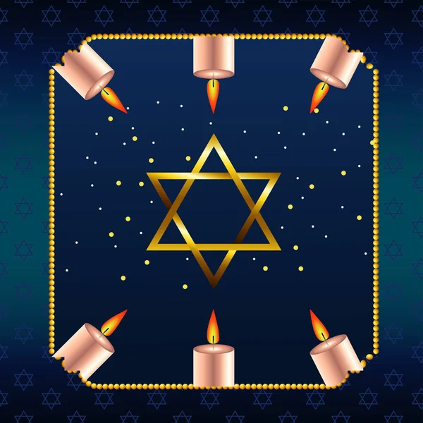 Happy hanukkah celebration with golden star and candles in square frame — Stock Vector