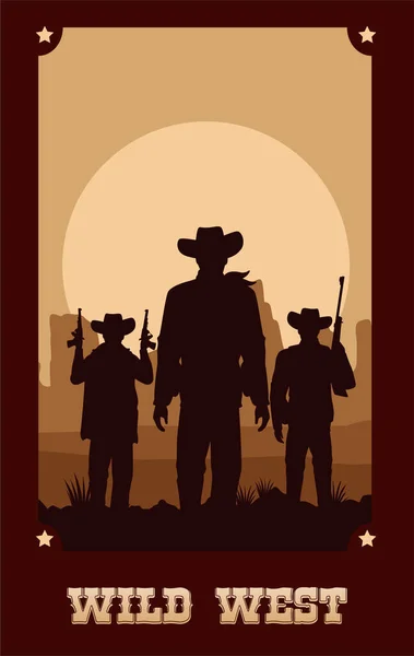 Wild-West-Schriftzug auf Plakat mit Cowboys und Gewehren — Stockvektor