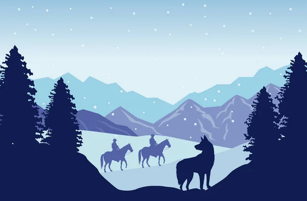 Paisaje de nieve salvaje oeste escena con vaqueros en caballos y perros — Vector de stock