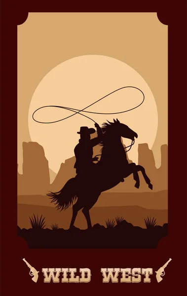 Дикий запад на плакате с ковбоем в лошадином лассо — стоковый вектор