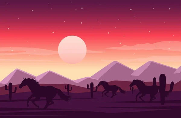 Salvaje oeste atardecer desierto escena con caballos corriendo — Vector de stock