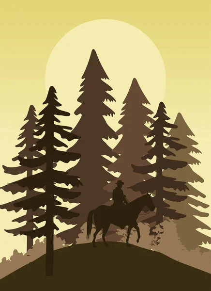 Άγρια δύση ηλιοβασίλεμα δάσος σκηνή με καουμπόι στο άλογο — Διανυσματικό Αρχείο