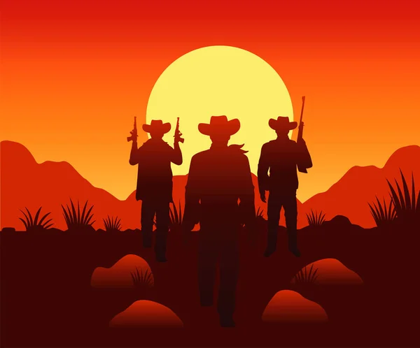 Salvaje oeste atardecer desierto escena con vaqueros y armas — Vector de stock