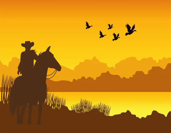 Dziki zachód słońca pustynia scena z kowbojem w konia i mewy latające — Wektor stockowy