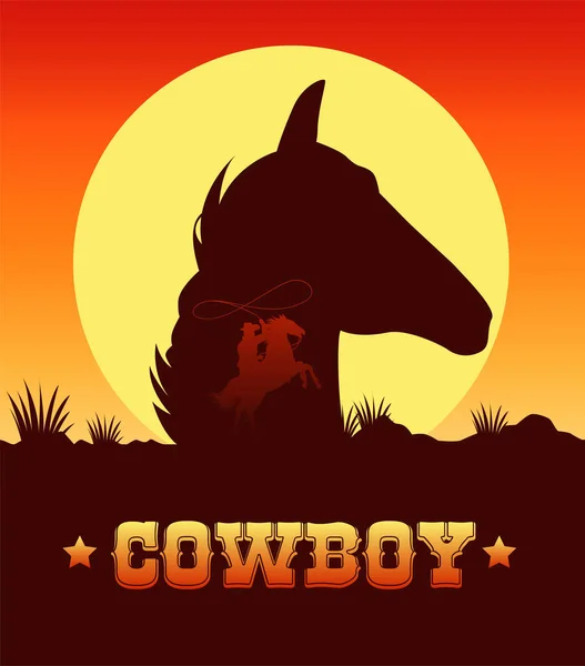 Cowboy lettering in wild west scene with cowboy lassoing and head horse — Stock Vector