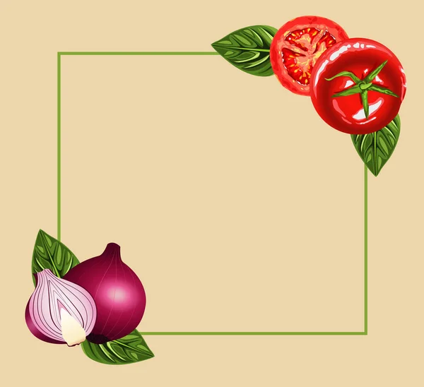 トマトと玉ねぎのベジタリアンヘルシーなフードフレーム — ストックベクタ