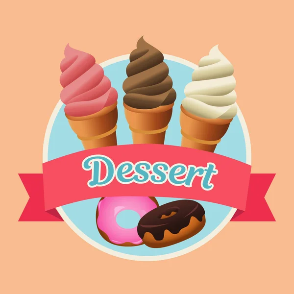 Dulce delicioso helado y rosquillas pastelería icono de la comida — Vector de stock