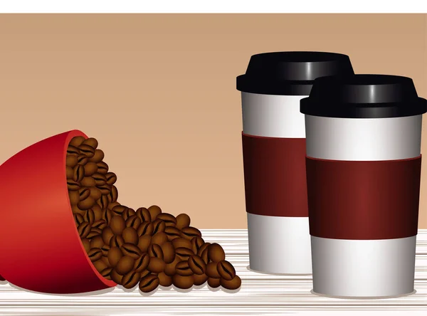 Délicieuse affiche de boisson au café avec des graines et des tasses en plastique — Image vectorielle