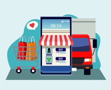 Akıllı telefon ve teslimat kamyonuyla online alışveriş teknolojisi
