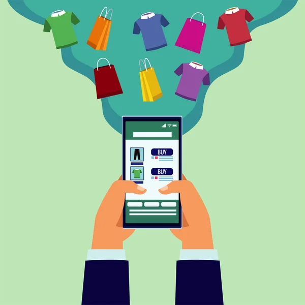 Akıllı telefon ve gömlek kullanan çevrimiçi alışveriş teknolojisi — Stok Vektör