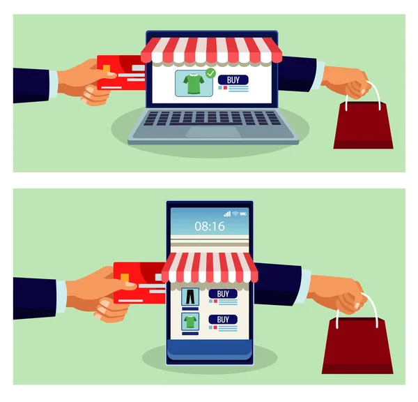 Online vásárlási technológia okostelefonon és laptopon hitelkártyákkal — Stock Vector
