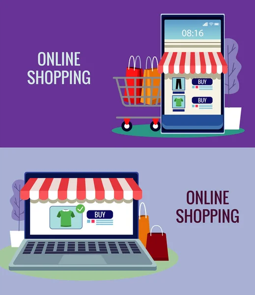 Online vásárlási technológia okostelefonnal és laptoppal — Stock Vector