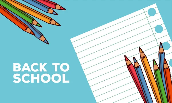 Powrót do pisma szkolnego z notatnikiem i kolorami ołówków — Wektor stockowy