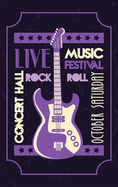 Cartaz lettering sala de concerto ao vivo com guitarra elétrica — Vetor de Stock