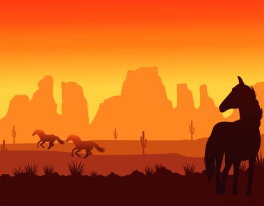 wild west sunset scene with horses running clipart