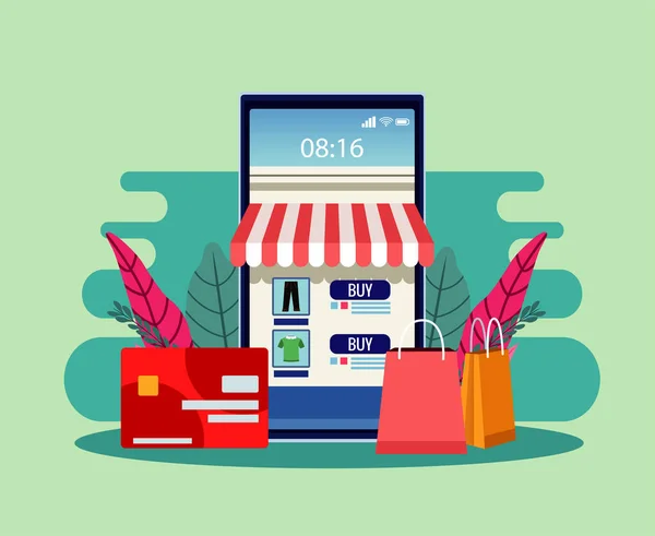 Online vásárlási technológia okostelefonnal és hitelkártyával — Stock Vector
