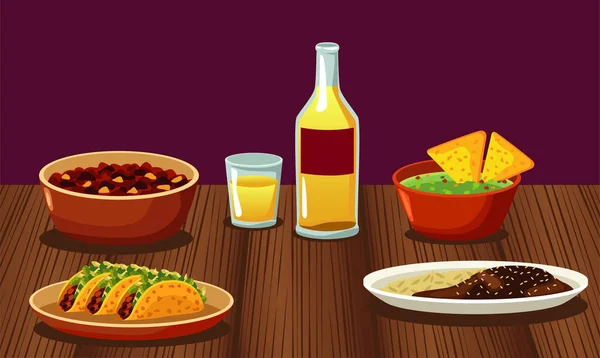 Afiche de restaurante de comida mexicana con menú y tequila en mesa de madera — Vector de stock