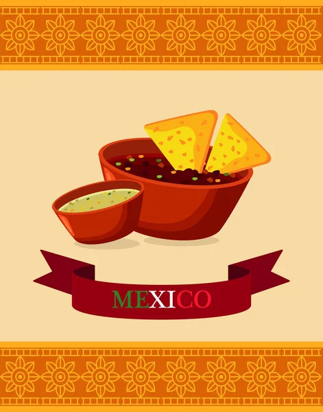 Mexican food restaurant poster with nachos in sauces and ribbon — Stock Vector