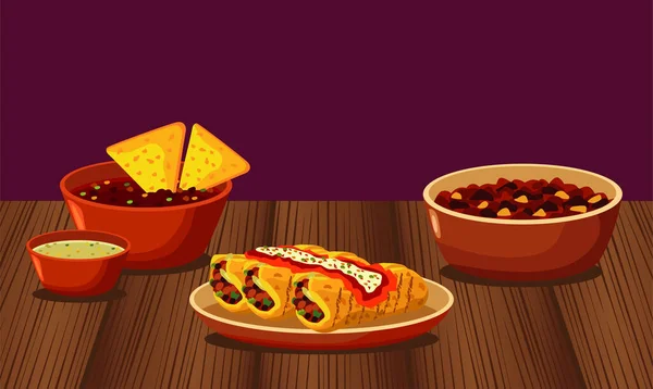 나무 식탁에 메뉴가 있는 멕시코 음식점 포스터 — 스톡 벡터