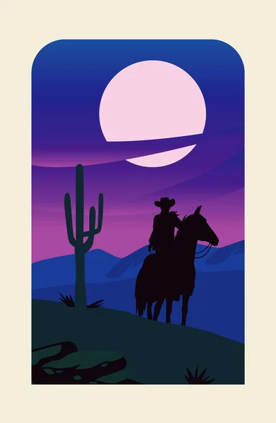 Salvaje oeste noche desierto escena con vaquero en caballo — Vector de stock