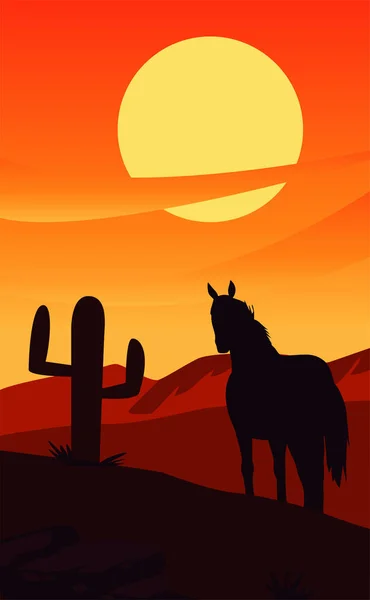 Salvaje oeste puesta de sol escena con caballo y cactus desierto — Archivo Imágenes Vectoriales