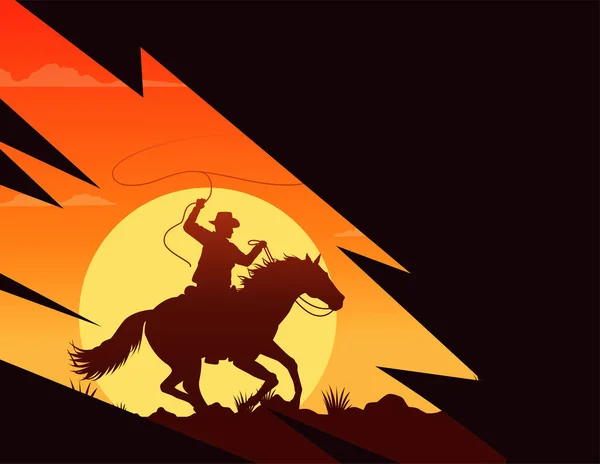 Salvaje oeste puesta de sol escena con vaquero en caballo lassoing — Vector de stock