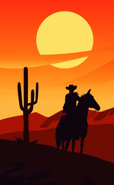Salvaje oeste puesta de sol escena con vaquero en caballo y cactus — Vector de stock